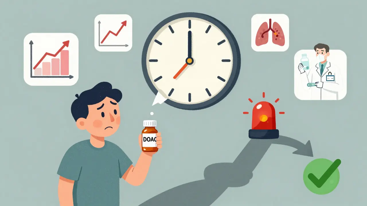 Patient surrounded by medical risk icons and a pharmacist with a drug interaction checker app.