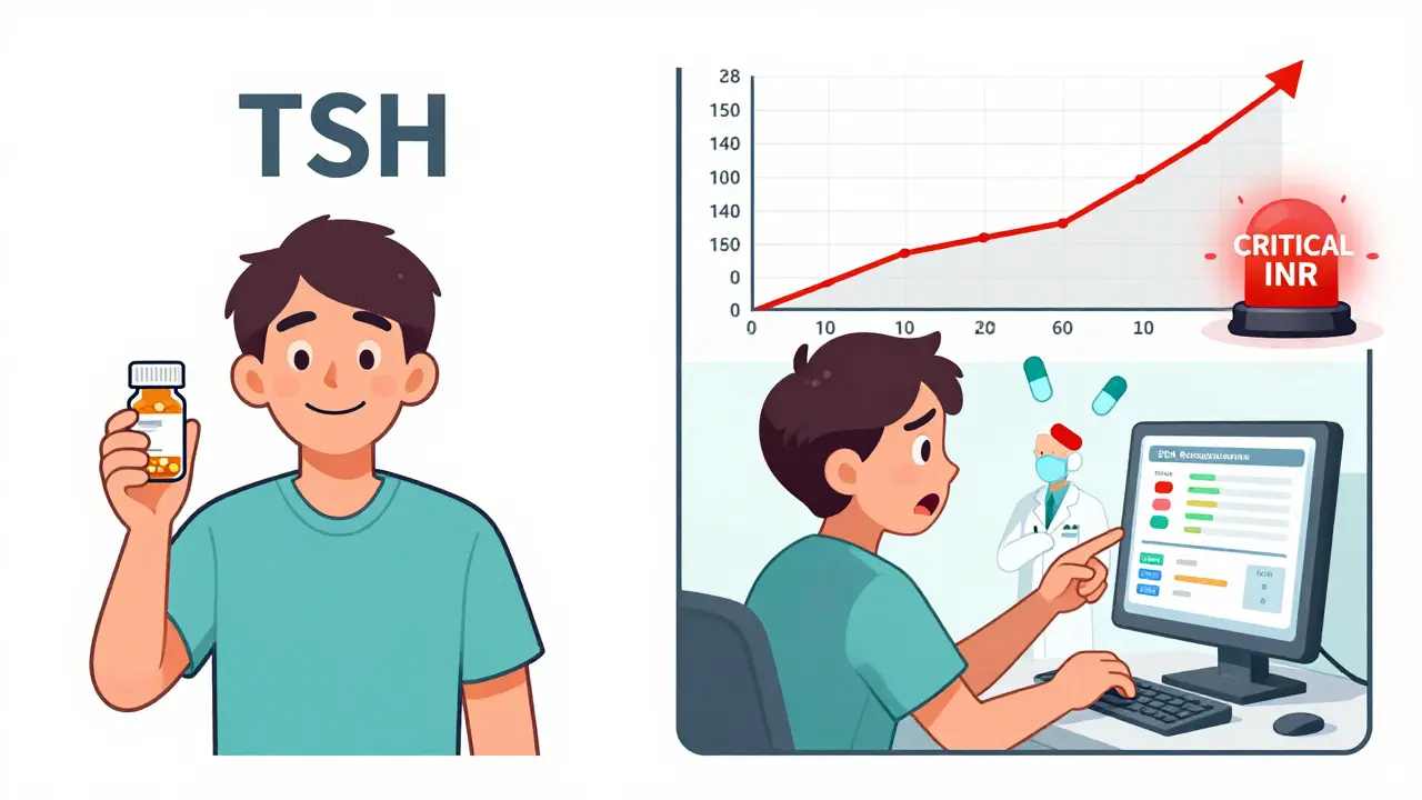 Patient with stable thyroid levels on one side, crashing on the other after switching generics, with warning alerts.