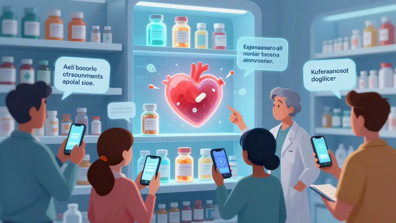 People using phones to view 3D AR animations of pills working in the body at a modern pharmacy.