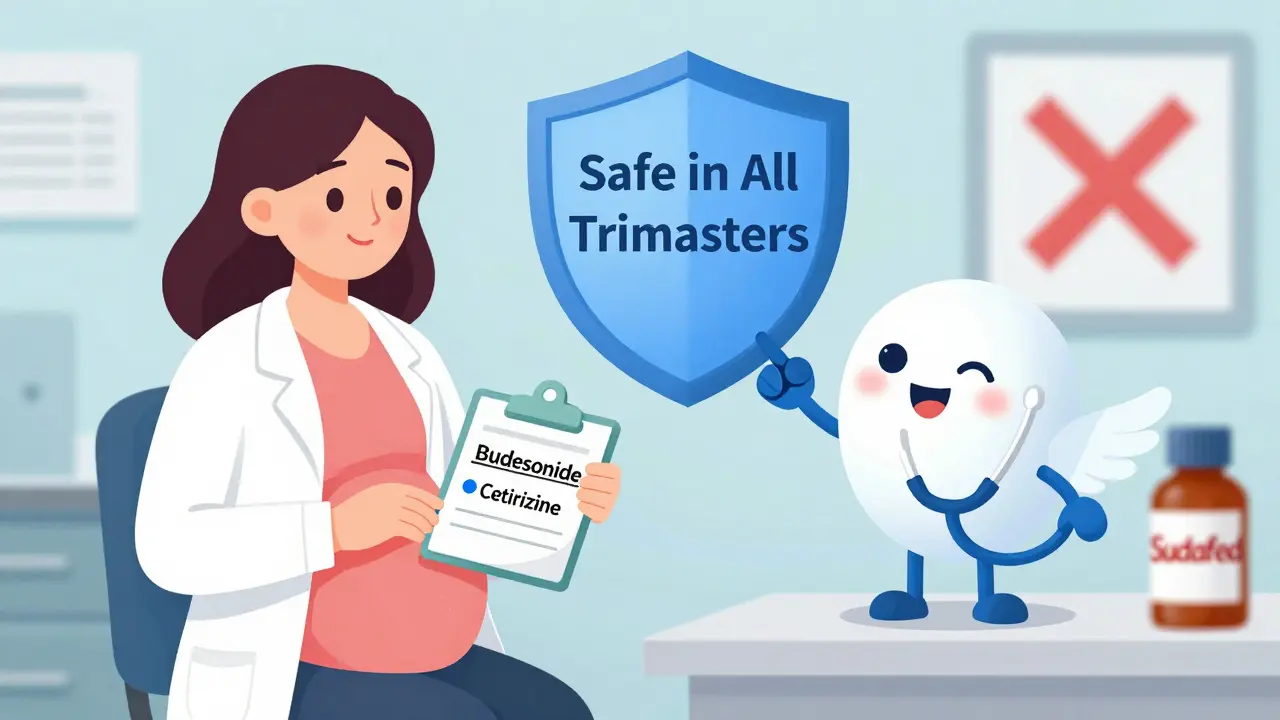 Pregnant woman receiving safe allergy treatment advice from a medical icon, with decongestant avoided in background.