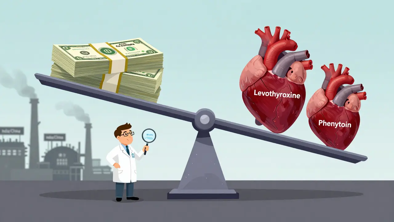 Scale balancing money against fragile hearts of NTI drugs, pharmacist using magnifying glass over bioequivalence numbers.