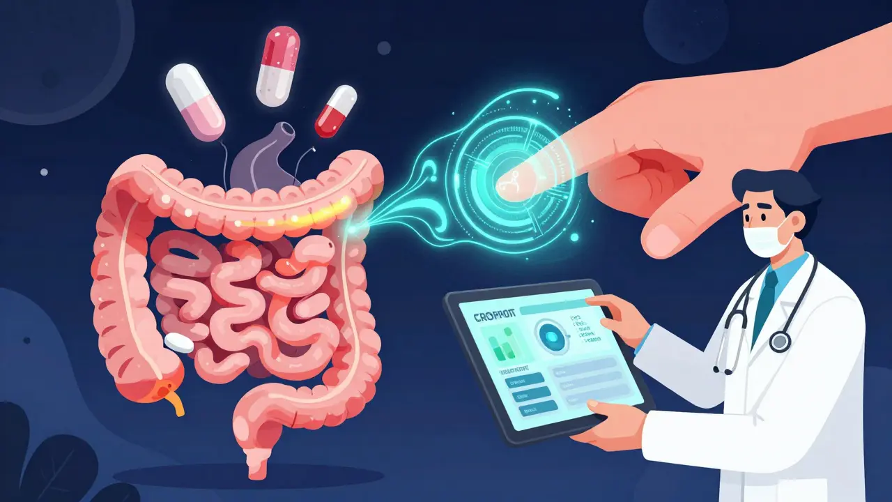 Smart pill sending absorption data from an inflamed intestine while GLP-1 drug slows gut movement.