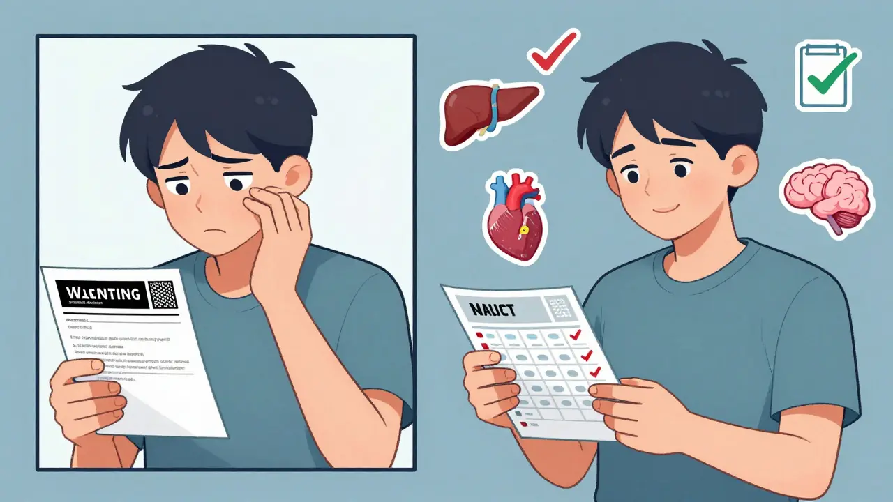 Split illustration: anxious patient vs. same person safely managing medication with monitoring icons.