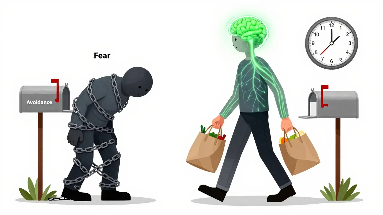 Split illustration of a person transitioning from pain-driven avoidance to confident daily activity with glowing brain pathways.