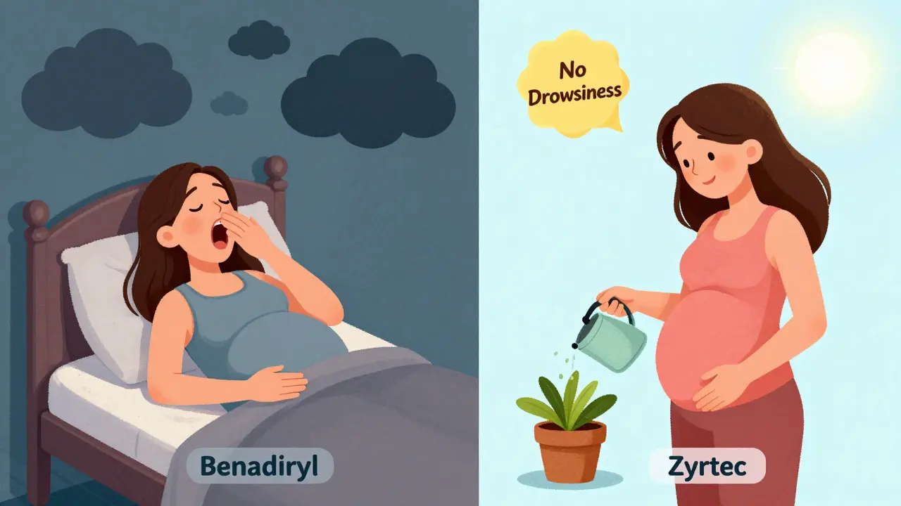 Split illustration showing one pregnant woman drowsy from Benadryl and another alert and active using Zyrtec.