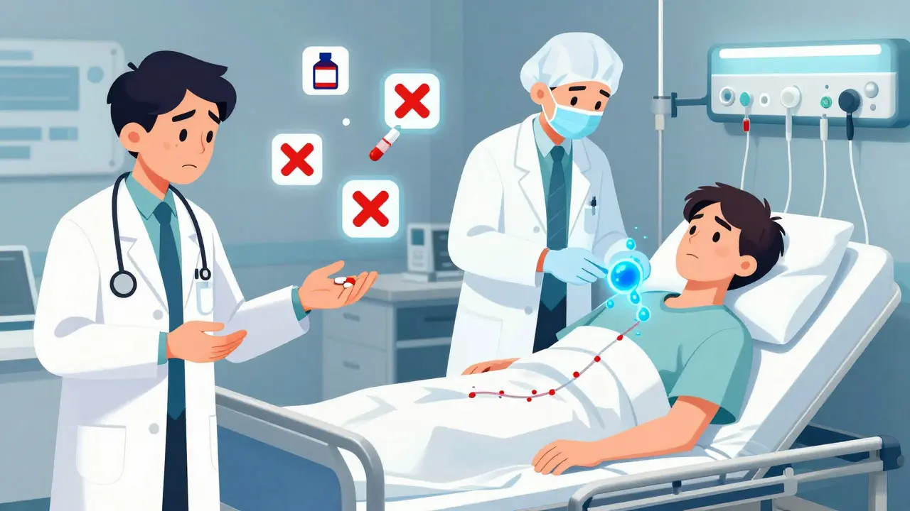 Split scene: doctor giving antihistamines vs. ER team administering correct treatment for bradykinin-mediated angioedema.