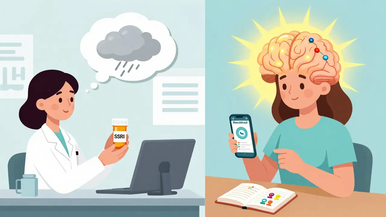 Split scene: one side shows a woman receiving an SSRI pill, the other receives hormone therapy and a mood-tracking app, with a calm brain glowing.