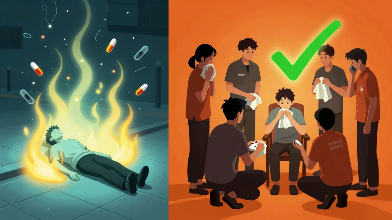 Split scene: person alone in danger vs. same person safely helped by community during heatwave.