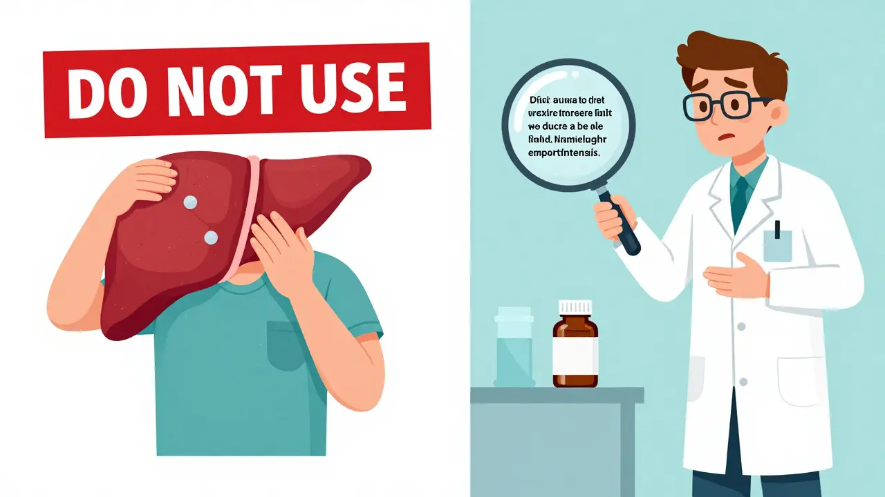 Split scene: person ignoring OTC warning vs. person heeding pharmacist's advice with magnifying glass.