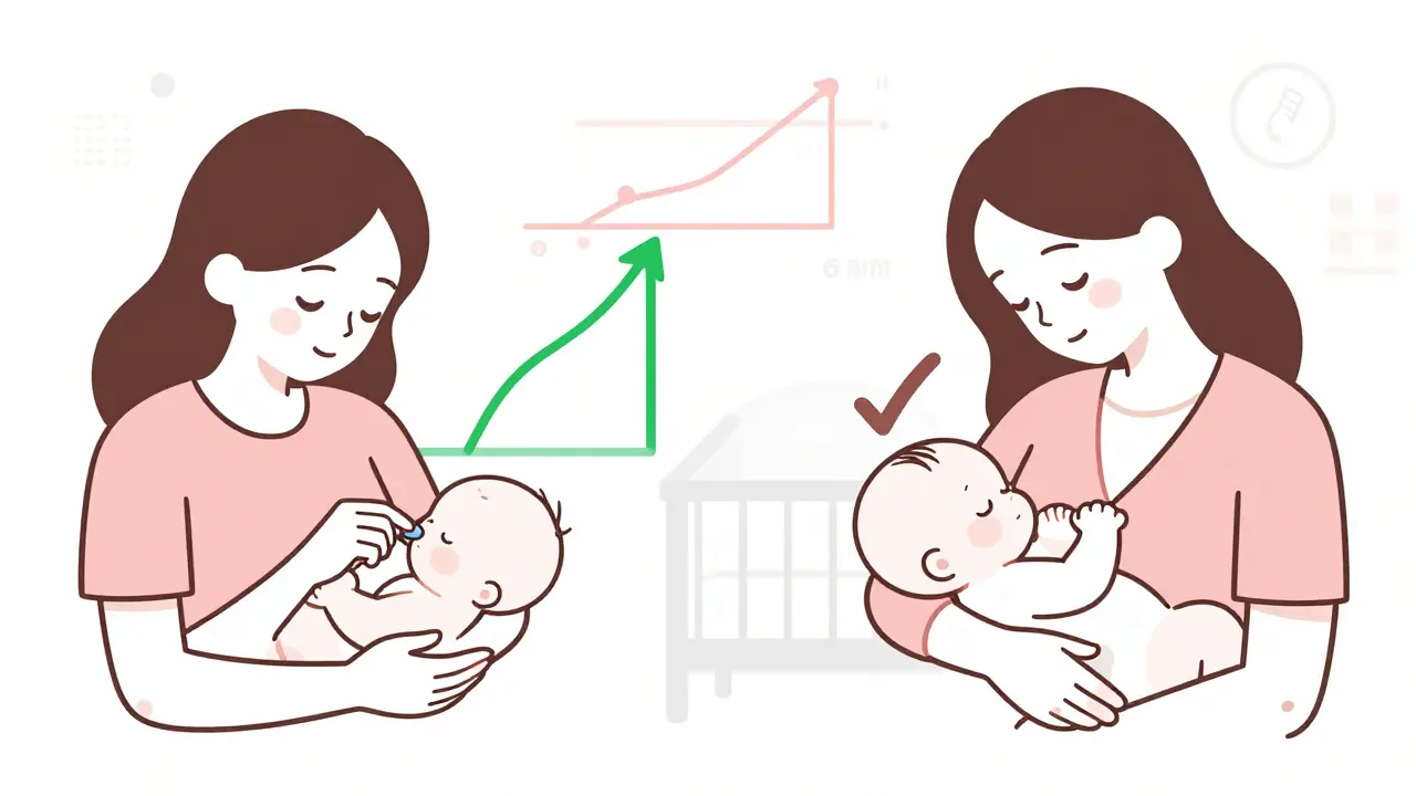 Split scene showing medication timing: pill taken after feeding, low drug levels during next nursing.