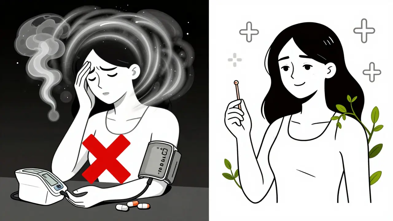 Split scene: woman with aura and smoking at risk vs. same woman safe with progestin-only birth control methods.