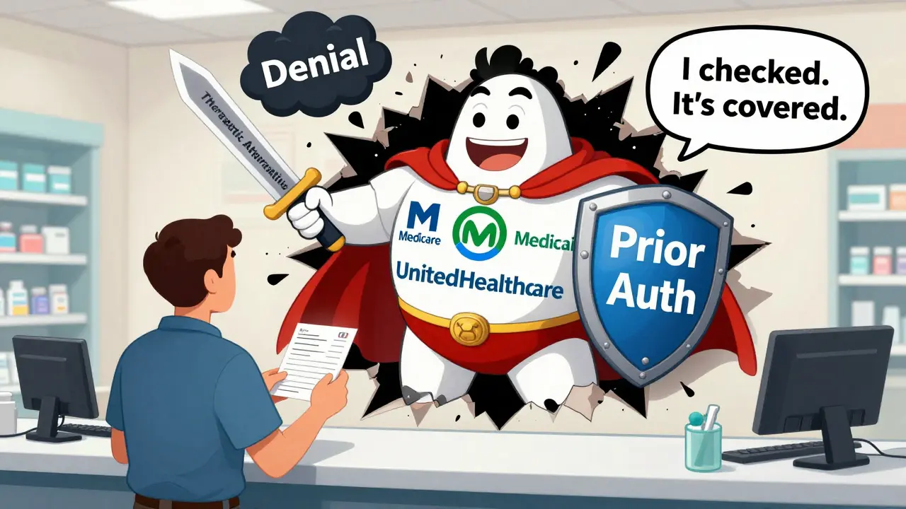 Superhero 'Formulary Defender' helping patient get approved prescription at pharmacy.