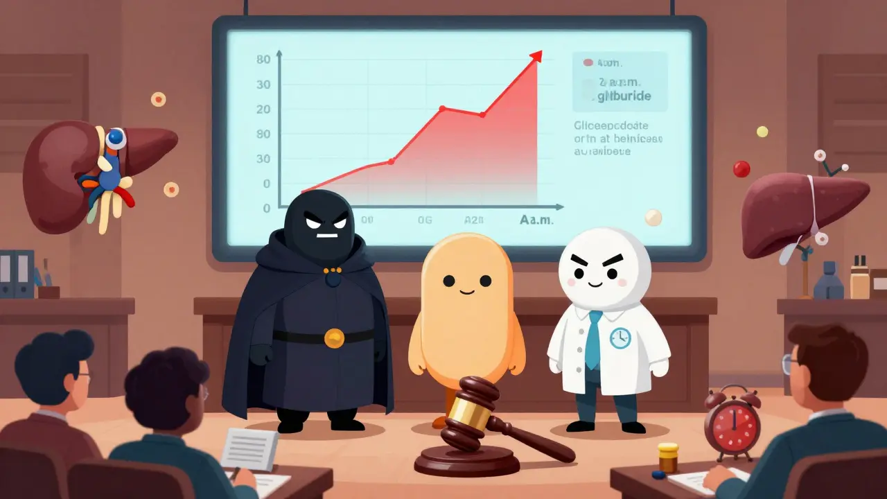 Three cartoon pills on trial in a courtroom with kidneys and liver cells as jurors, one menacing, one neutral, one heroic, under an A1C gavel.