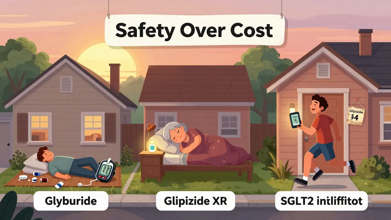 Three houses at sunrise showing different diabetes outcomes: one with a fall, one with peaceful sleep, one with jogging—highlighting glipizide as the safest choice.