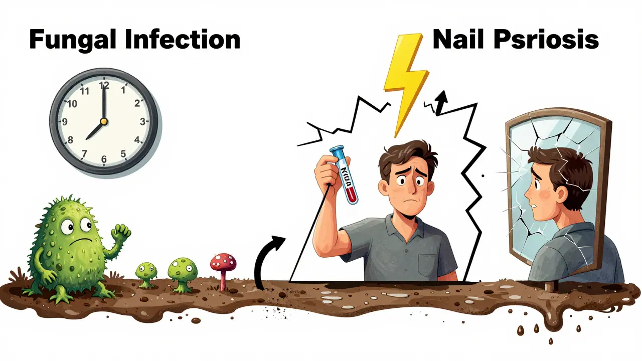 Timeline showing slow fungal growth vs. sudden psoriasis flare, with diagnostic test and confused patient in stylized concept art.