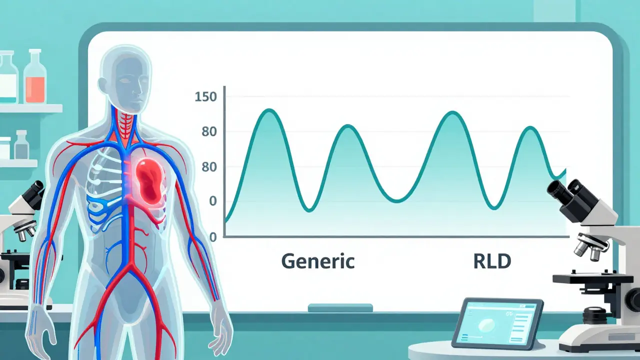 Transparent human body with matching blood absorption graphs for generic and brand-name drugs.