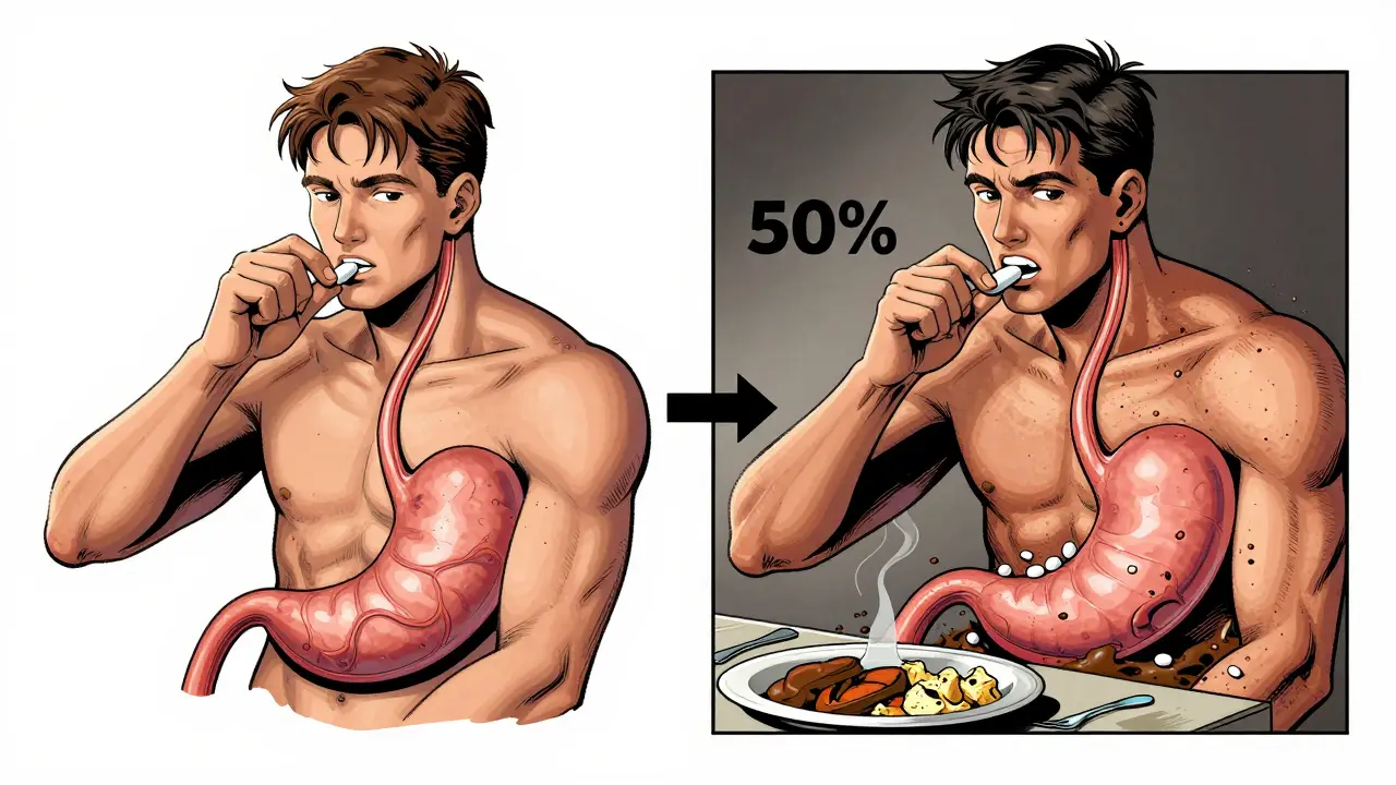 Two patients taking the same pill: one absorbs well, the other delayed by fatty food reducing drug flow by half.