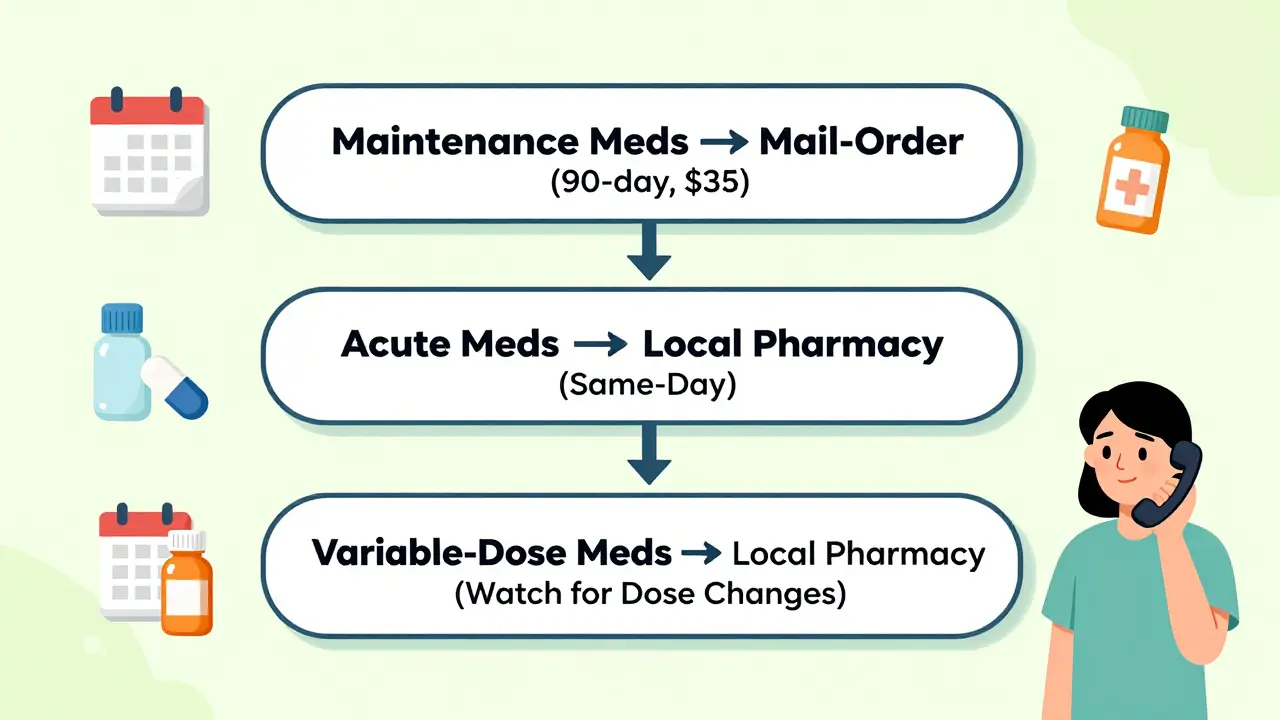 A colorful flowchart showing three medication paths: mail-order for maintenance, local pharmacy for acute, and local for variable-dose meds.