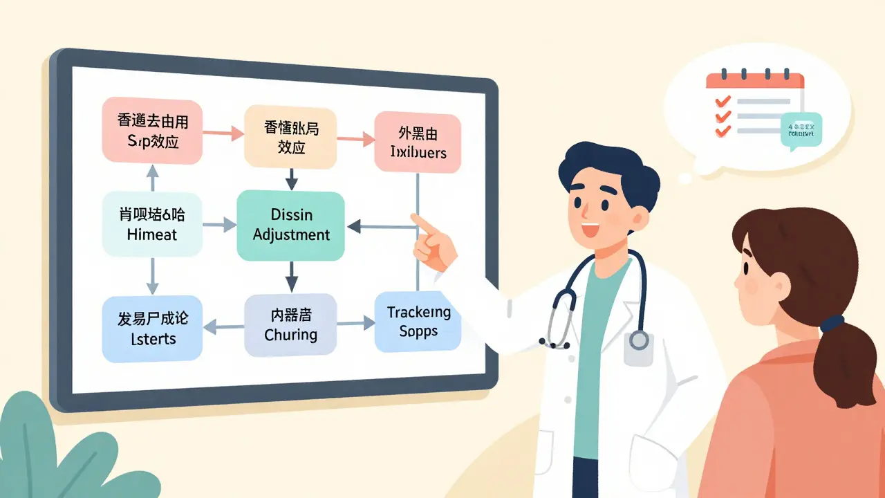 A doctor explaining treatment options for medication-related sexual side effects using a visual flowchart with patient follow-up cues.