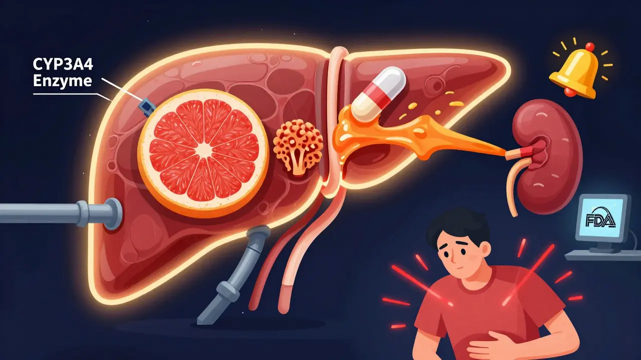A glowing liver with blocked enzymes overflowing toxic sludge into a kidney, triggering alarms as a patient suffers.