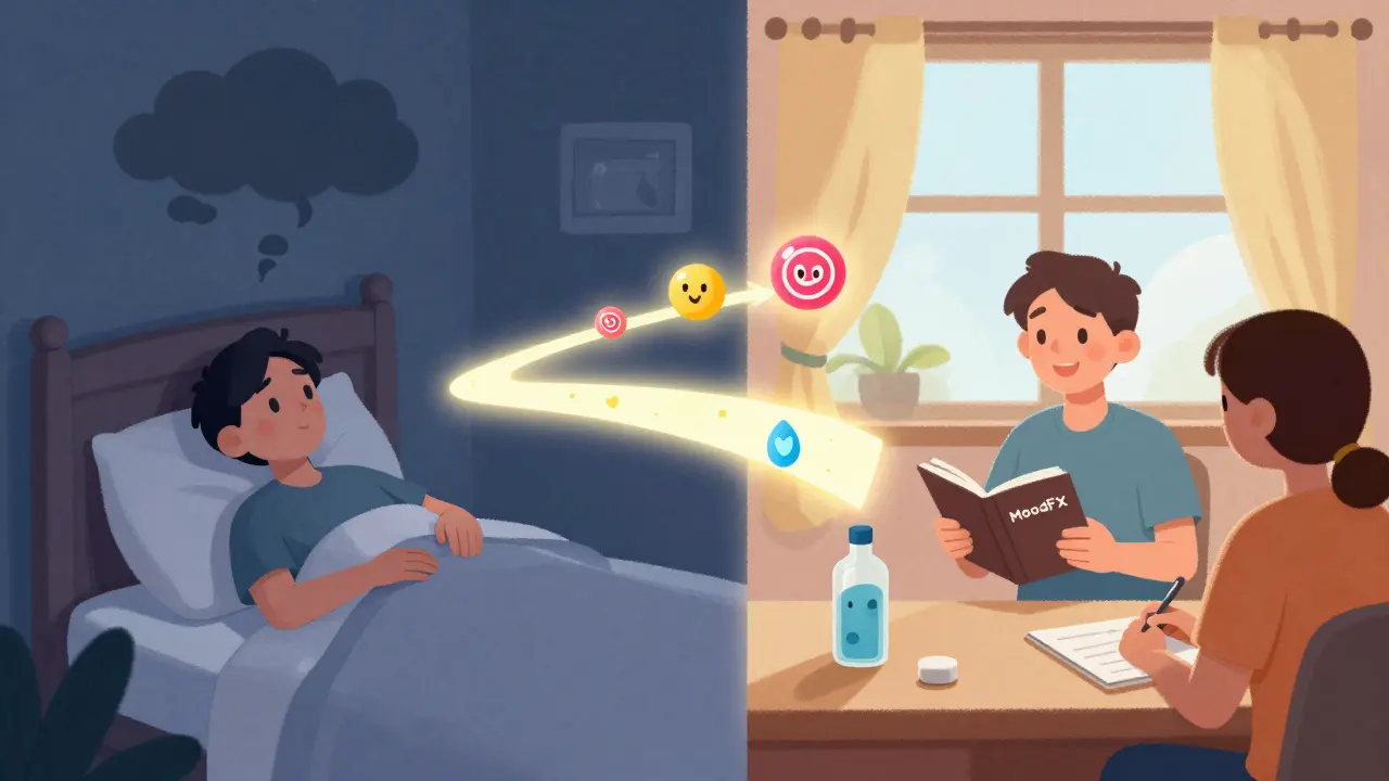 A split scene showing emotional struggle on one side and empowered recovery on the other, with digital tracking tools and counseling as pathways.