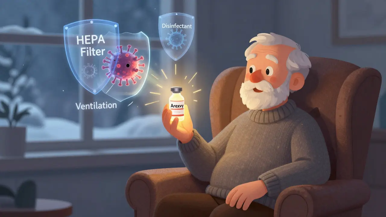 An elderly man holding an RSV vaccine that emits protective light, with virus-fighting symbols around him.