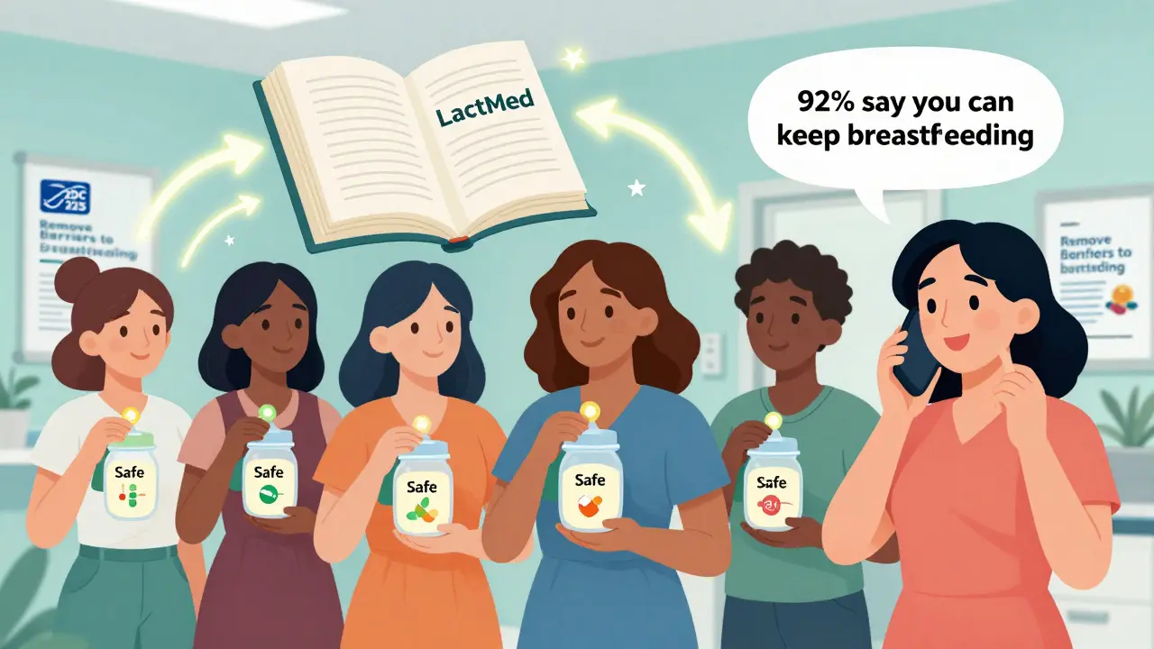 Diverse mothers holding labeled milk bottles with safety tags, guided by a floating LactMed book and CDC poster.