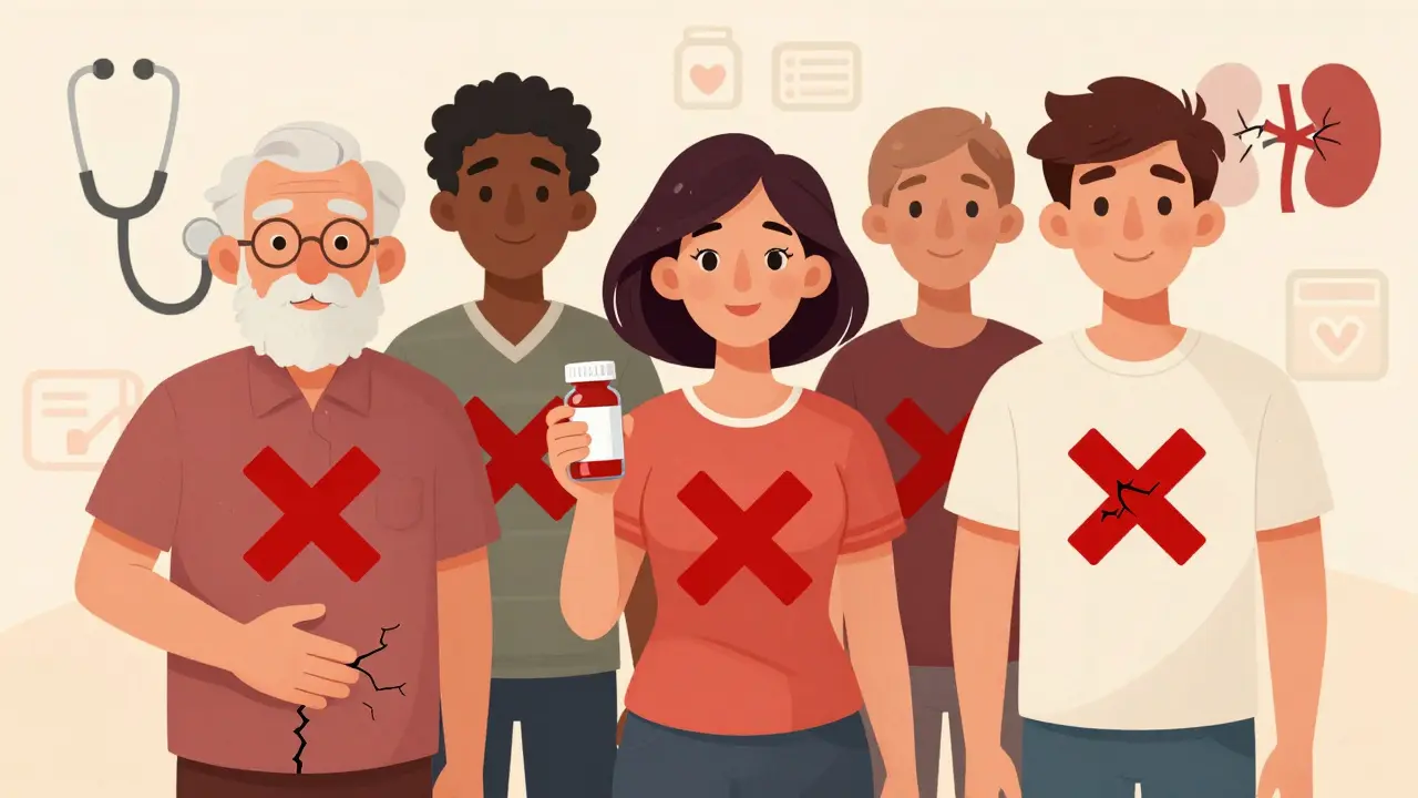 Diverse patients with red X symbols; each has unique health risks like stomach ulcers and blood thinners. Medical illustration.