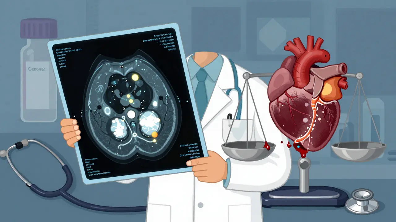 Doctor examines CT scan showing calcium deposits; scale balances heart benefit vs bleeding risk. Concept art style.