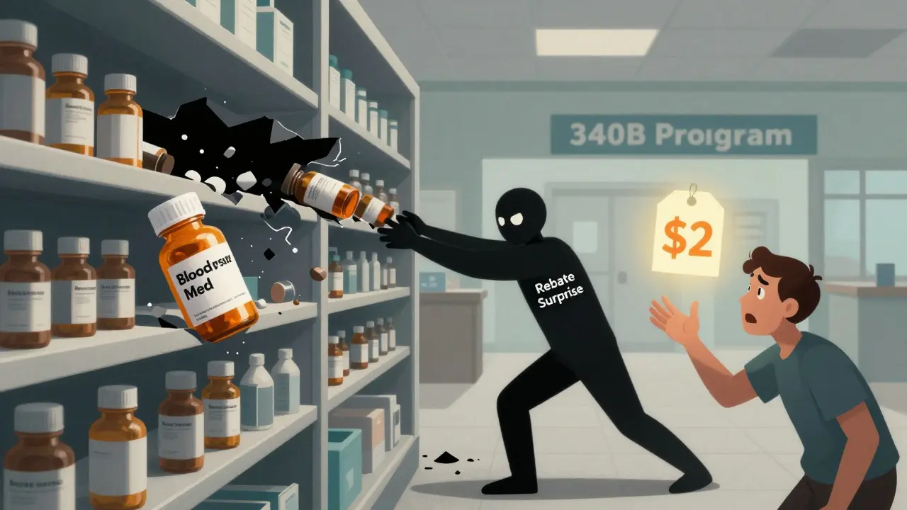 Generic pill bottle falling off shelf as 'Rebate Surprise' pulls others away, patient reaching out, glowing  label shines above
