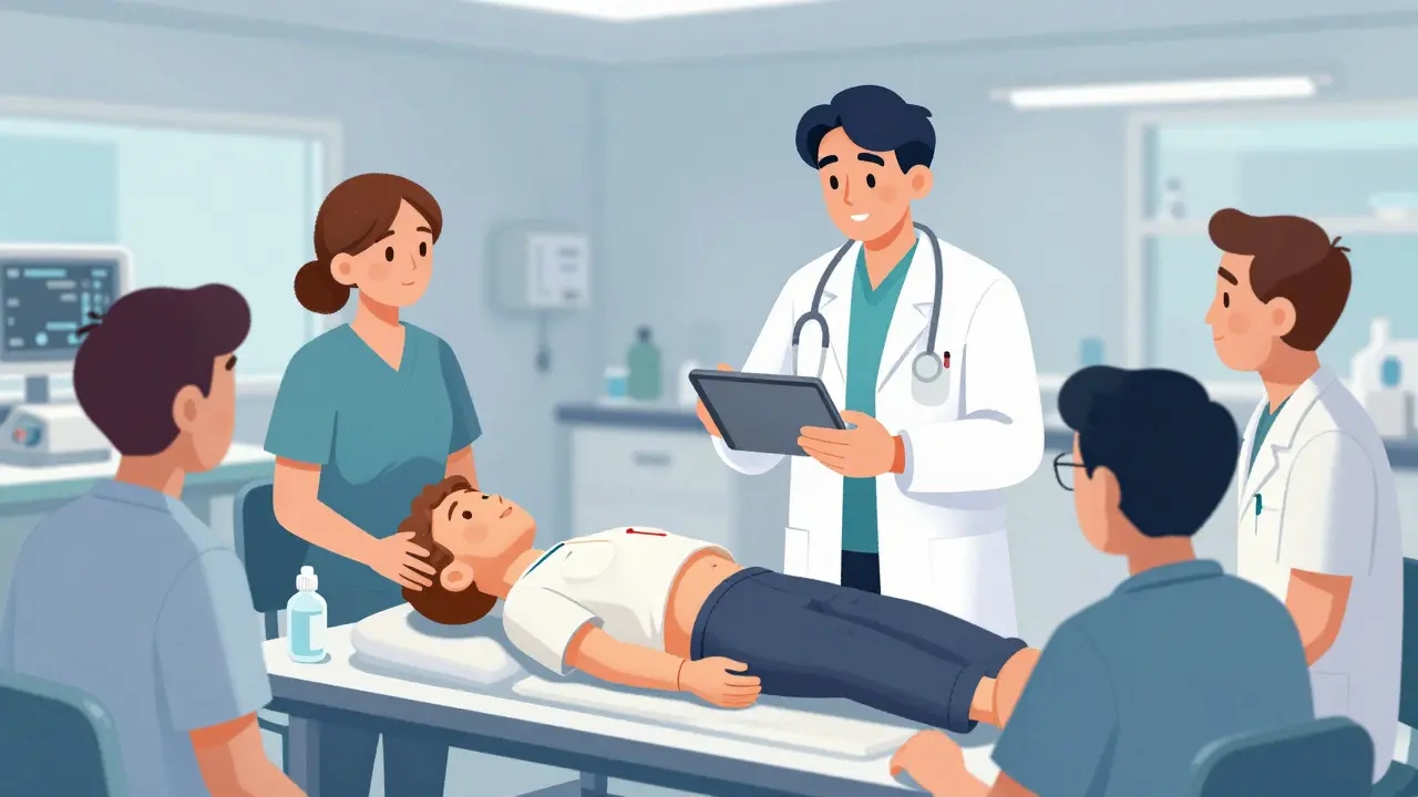 Healthcare team practicing medication administration using mannequin with pharmacist guidance.