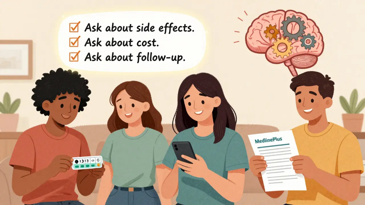 People using pill organizers, apps, and printed guides to manage their medications confidently.