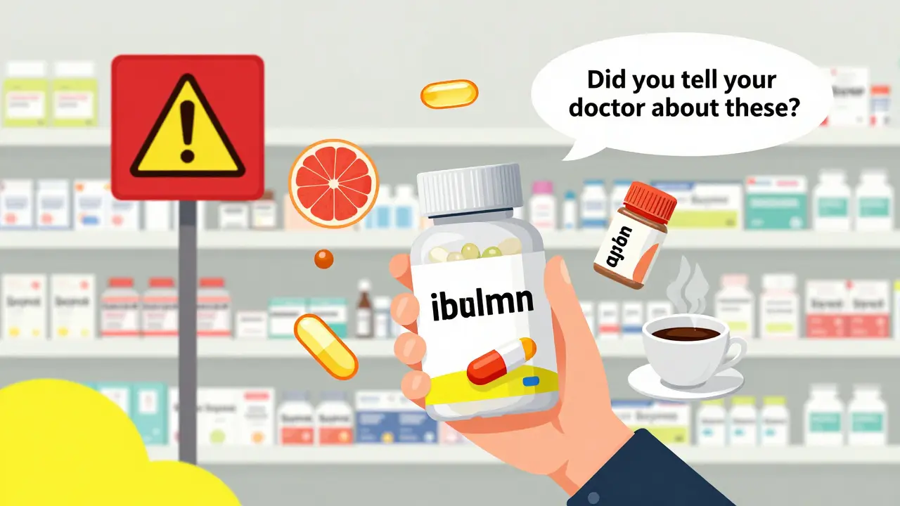 Person surrounded by medications and supplements, with a warning sign highlighting potential drug interactions.