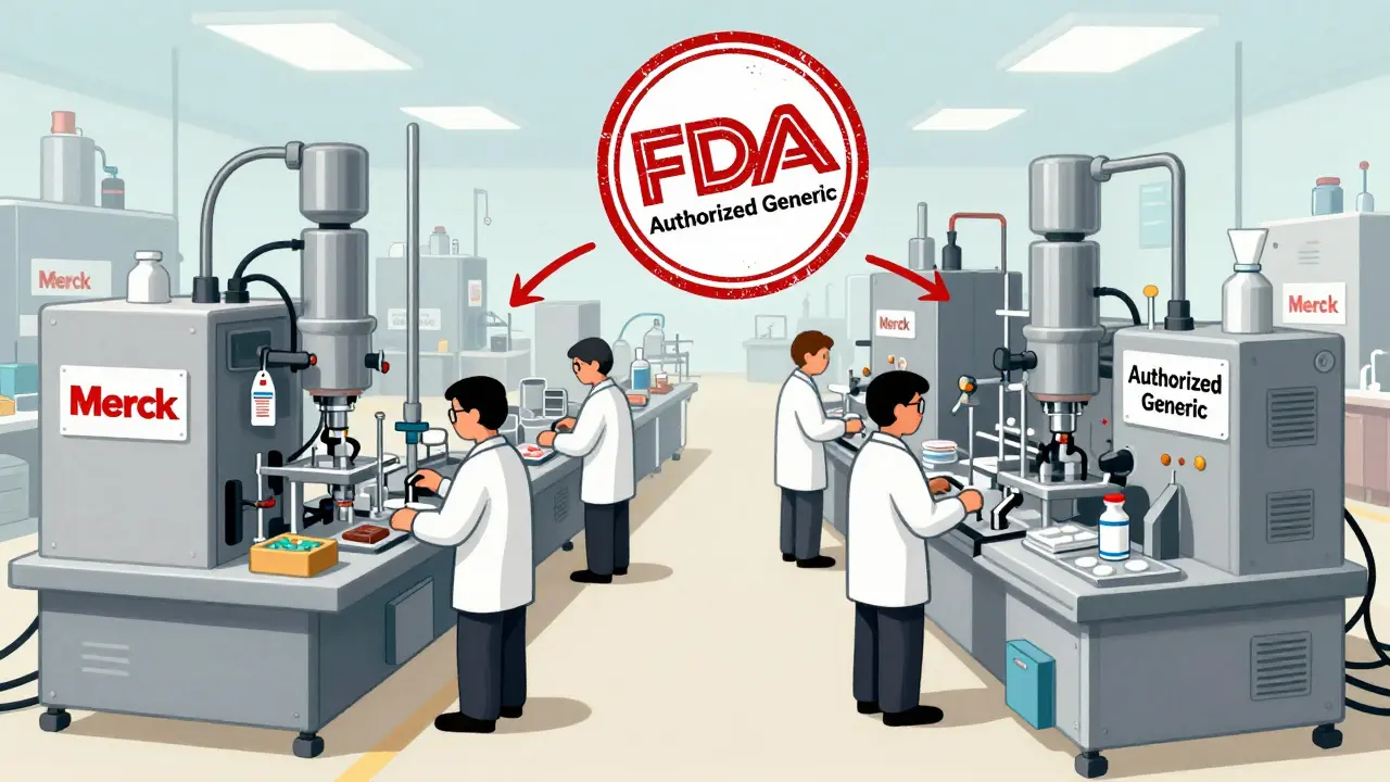 Same factory machinery producing both brand-name and authorized generic pills with identical processes.
