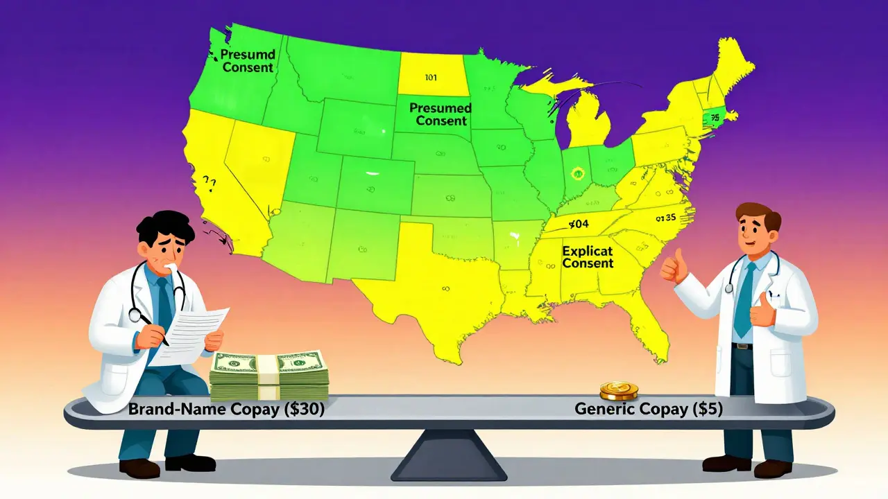 Scale balances  brand-name copay against  generic copay, U.S. map shows states with presumed consent, pharmacist confidently dispensing pills