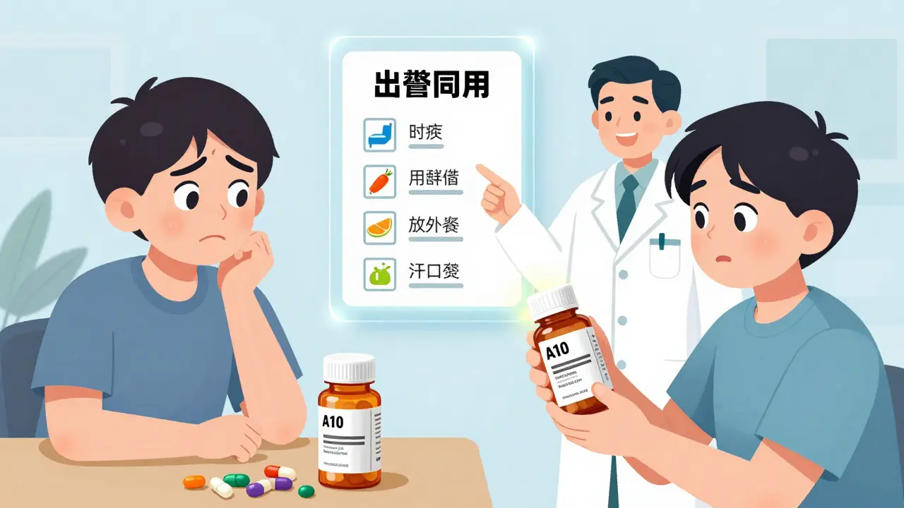 Side-by-side comparison: confused patient vs. informed patient checking pill appearance against label with pharmacist guidance.