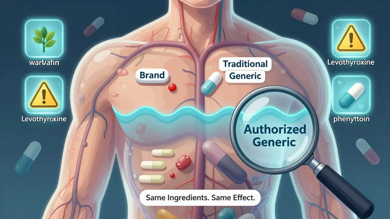 Transparent human body with bloodstream showing identical drug absorption from brand and authorized generic pills.