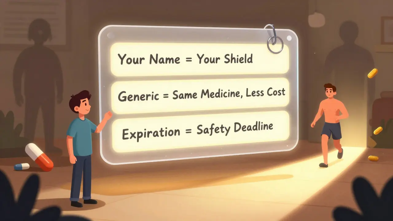 Transparent prescription label floating in air with glowing sections explaining safety messages, fading dangers in background.