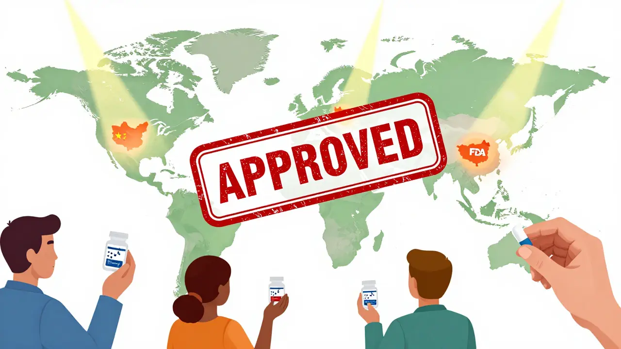 A giant FDA approval stamp over a global map, with factories in India and China glowing as pharmacists distribute generic pills to patients.
