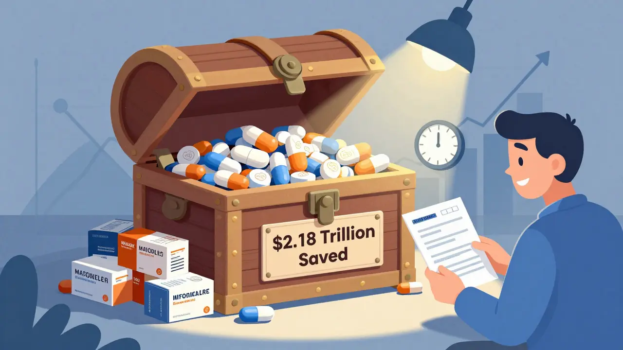 A treasure chest filled with generic pills labeled 'Saved .18 Trillion', beside discarded brand-name boxes, with a patient holding a prescription.