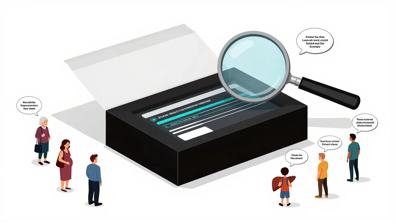 An open prescription insert with a large black box surrounded by at-risk patient groups and data streams from health records.
