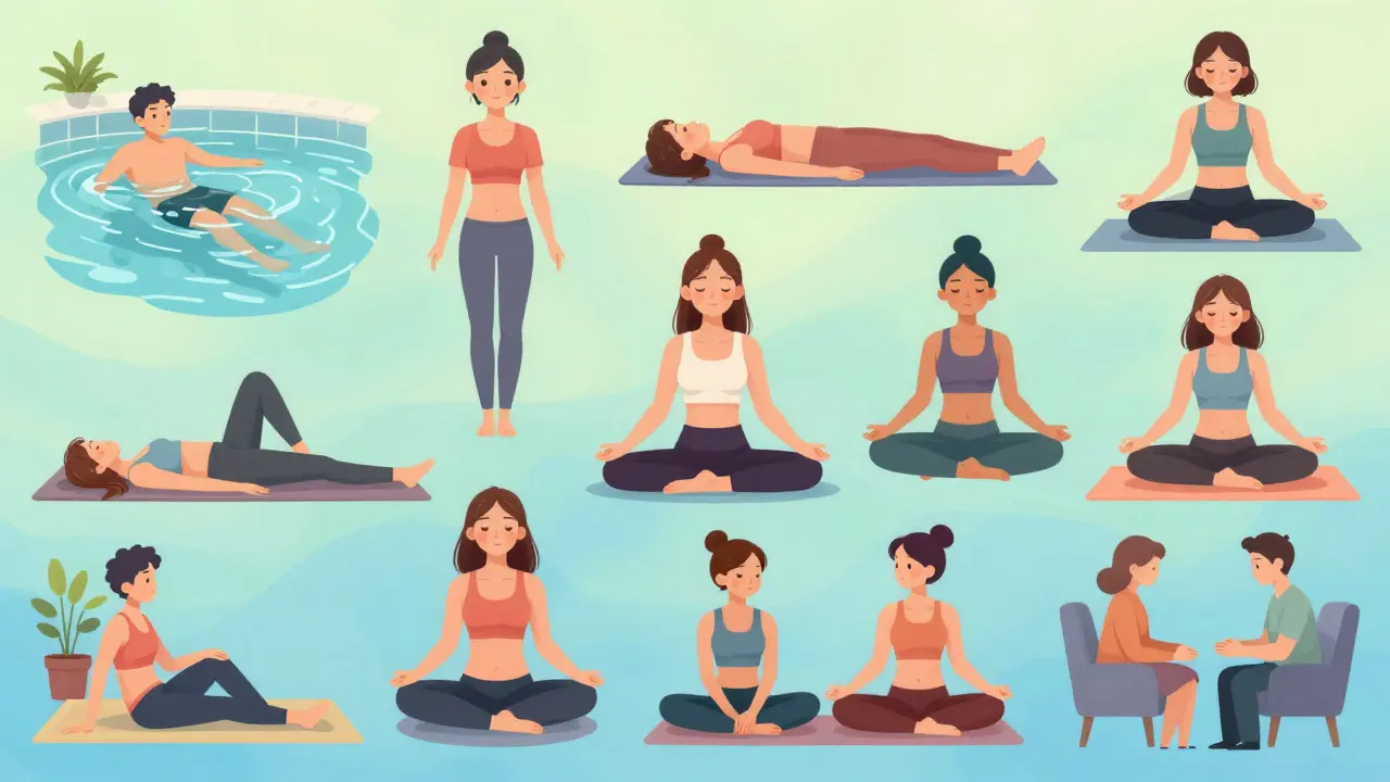 Colorful collage of exercise, yoga, and therapy for pain