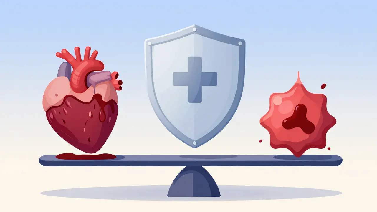 Conceptual art of a scale balancing bleeding and clotting risks