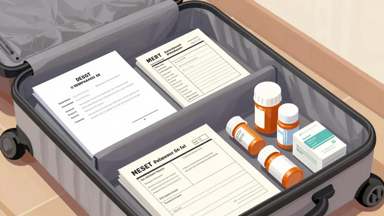Organized travel documents and medicine bottles on a table