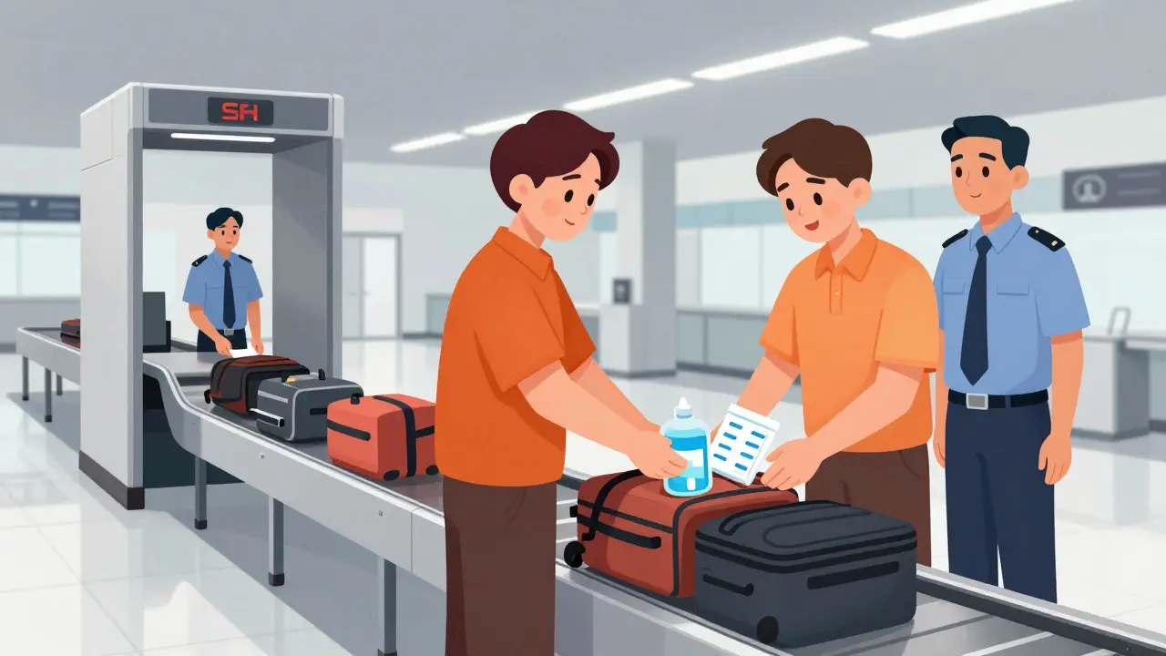 Passenger screening liquid medication at airport security checkpoint