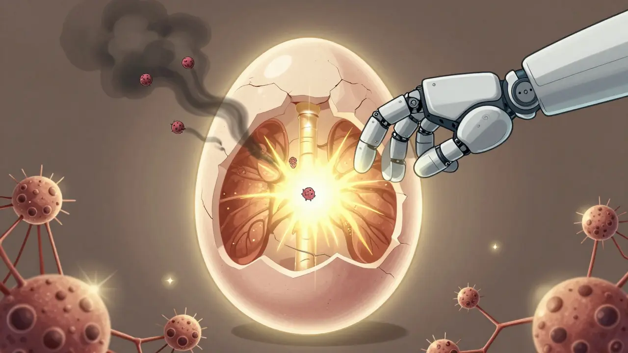 Thymus gland being removed surgically as light restores healthy nerve-muscle connections.