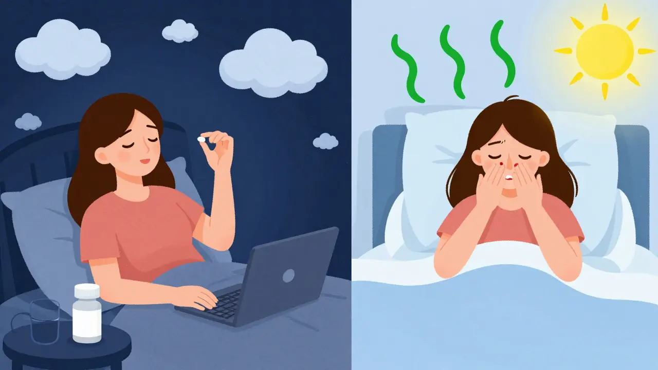 Woman taking Diclegis at night, waking up refreshed, with nausea symbols fading in morning light.