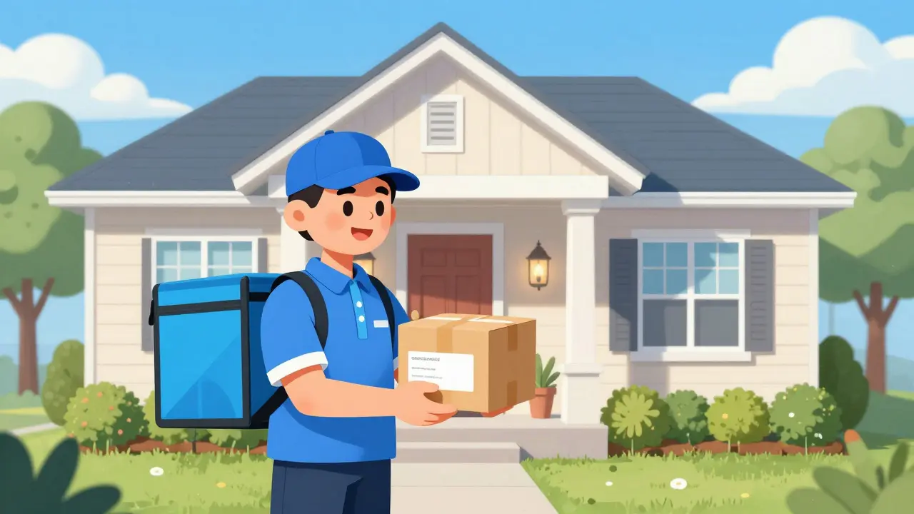 A delivery person leaving a medical package on a sunny house porch.