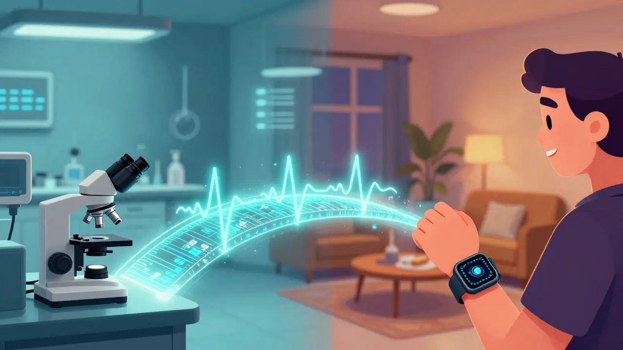 A digital bridge connecting a medical lab to a person wearing a smartwatch at home.