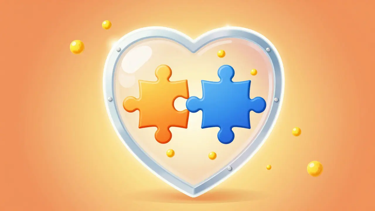 A glowing shield protecting a heart, formed by two interlocking medicine puzzle pieces.